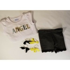 Build A Bear Angel T Shirt Black & Gold Pants BAB Outfit Sequins Rhinestones